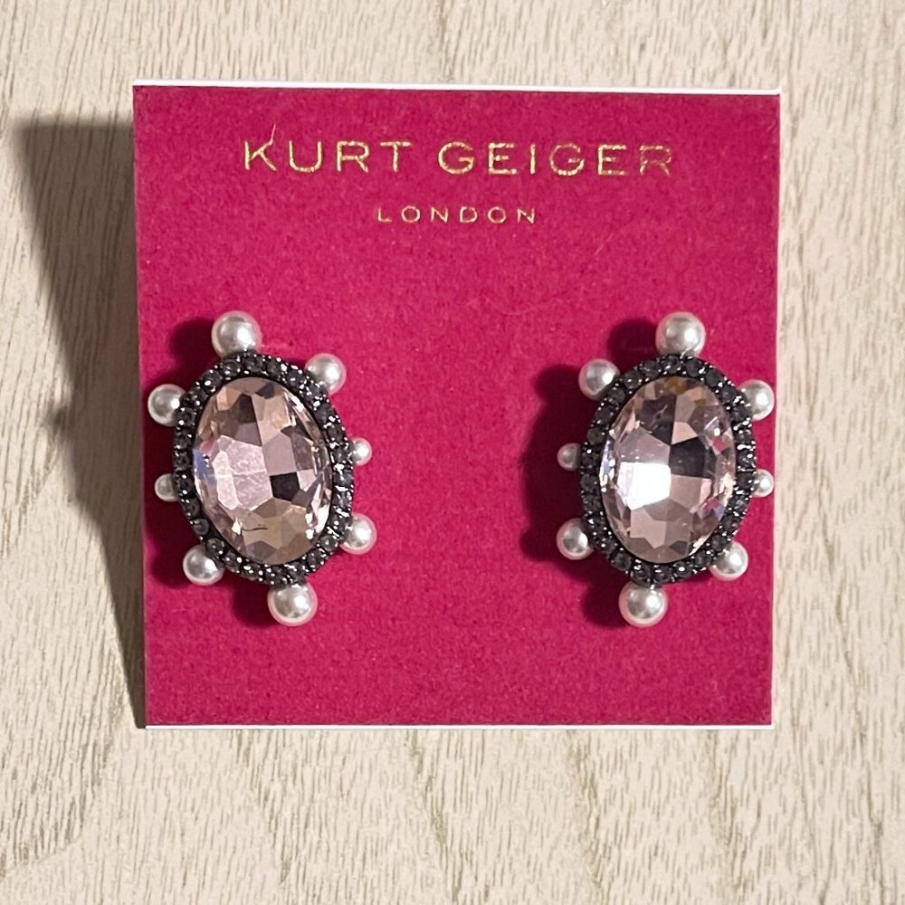 Kurt Geiger London Earrings Pink Oval Crystal & Faux Pearl Stud NEW
